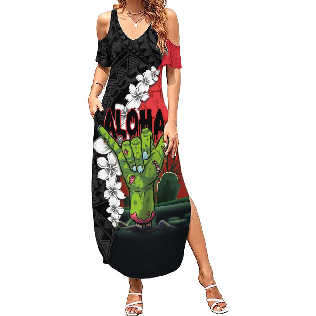 Hawaiian Halloween Summer Maxi Dress Horror Shaka Hand with Plumeria and Polynesian Tattoo Blood Color