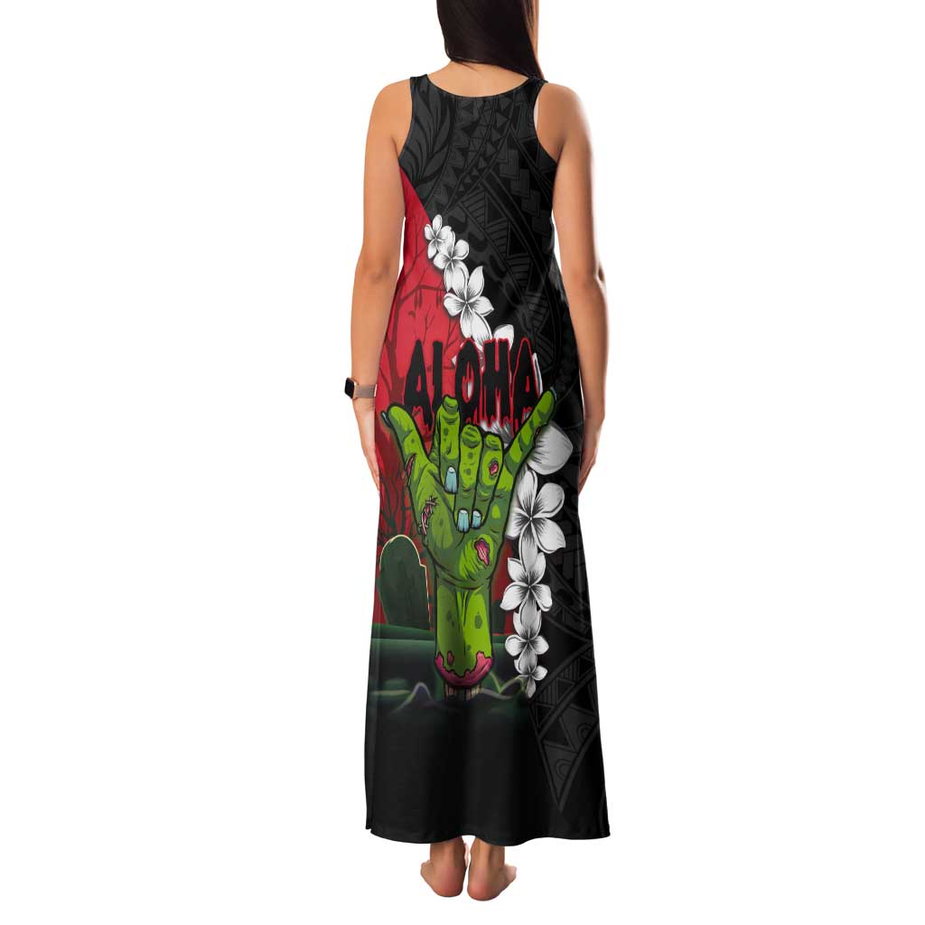 Hawaiian Halloween Tank Maxi Dress Horror Shaka Hand with Plumeria and Polynesian Tattoo Blood Color