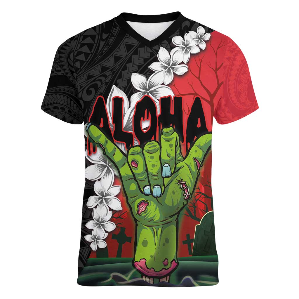 Hawaiian Halloween Women V-Neck T-Shirt Horror Shaka Hand with Plumeria and Polynesian Tattoo Blood Color LT03 Female Red - Polynesian Pride