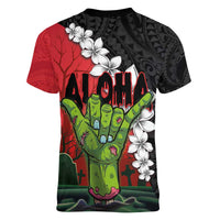 Hawaiian Halloween Women V-Neck T-Shirt Horror Shaka Hand with Plumeria and Polynesian Tattoo Blood Color LT03 - Polynesian Pride