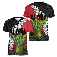Hawaiian Halloween Women V-Neck T-Shirt Horror Shaka Hand with Plumeria and Polynesian Tattoo Blood Color LT03 - Polynesian Pride