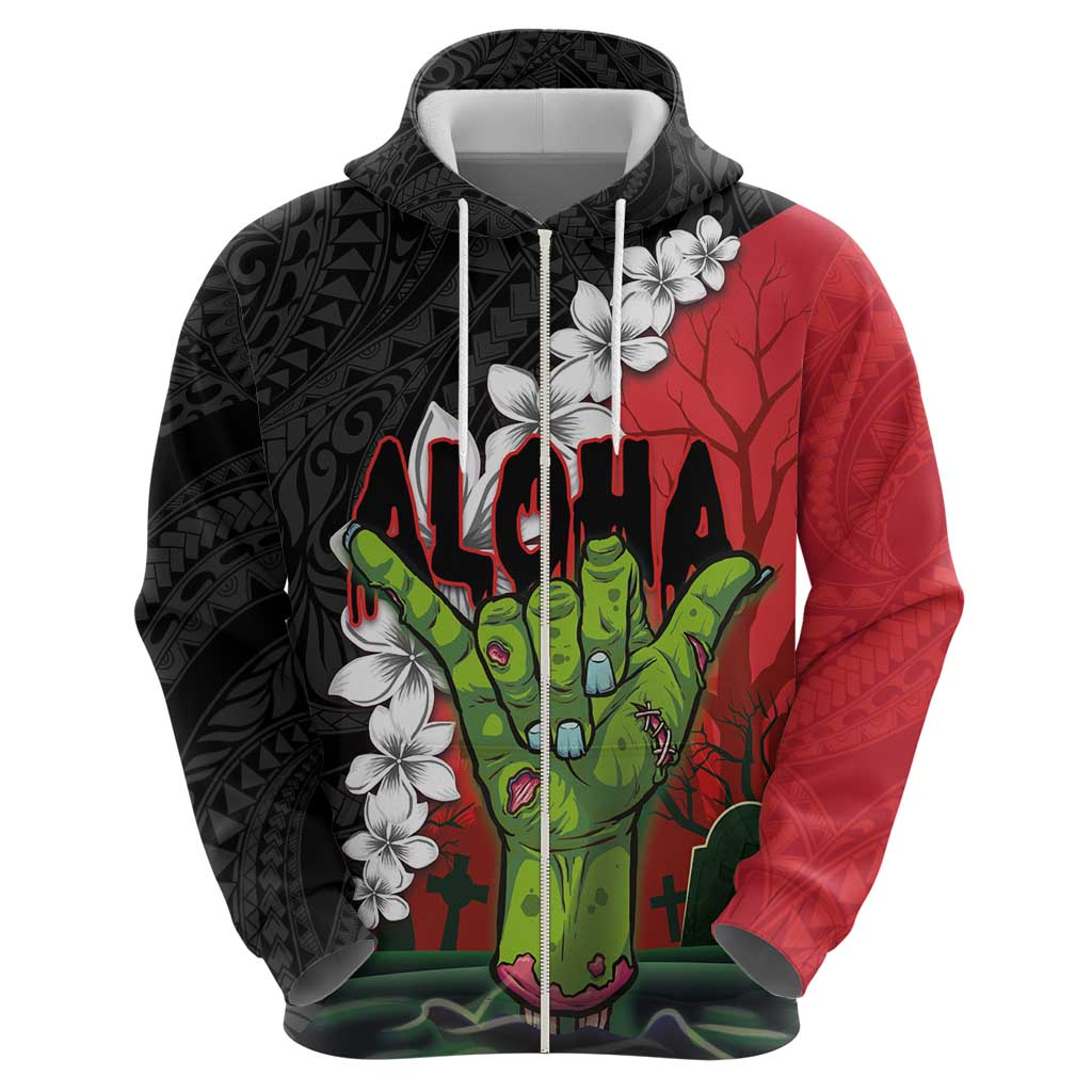 Hawaiian Halloween Zip Hoodie Horror Shaka Hand with Plumeria and Polynesian Tattoo Blood Color