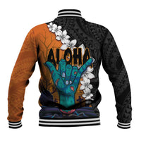 Hawaiian Halloween Baseball Jacket Horror Shaka Hand with Plumeria and Polynesian Tattoo Autumn Color