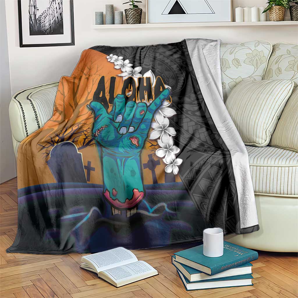 Hawaiian Halloween Blanket Horror Shaka Hand with Plumeria and Polynesian Tattoo Autumn Color