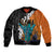 Hawaiian Halloween Bomber Jacket Horror Shaka Hand with Plumeria and Polynesian Tattoo Autumn Color