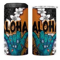 Hawaiian Halloween 4 in 1 Can Cooler Tumbler Horror Shaka Hand with Plumeria and Polynesian Tattoo Autumn Color