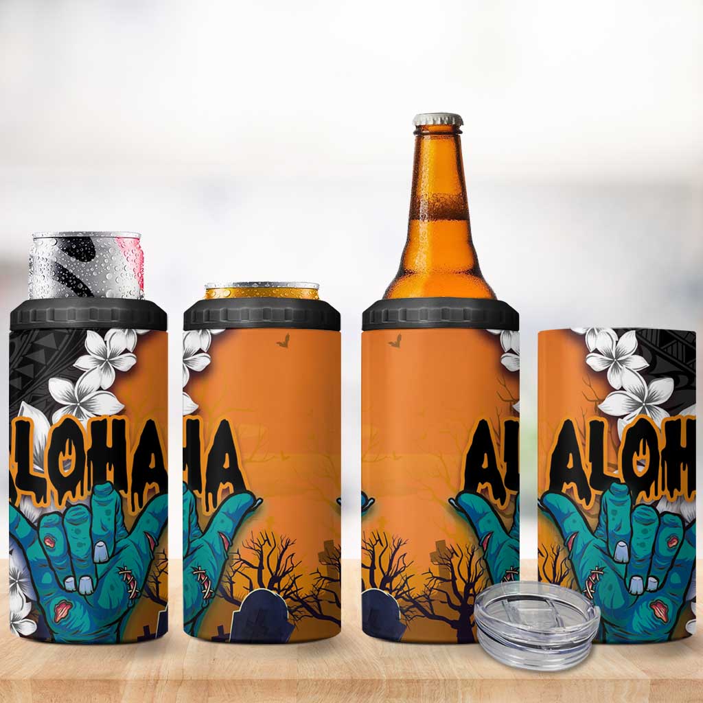 Hawaiian Halloween 4 in 1 Can Cooler Tumbler Horror Shaka Hand with Plumeria and Polynesian Tattoo Autumn Color