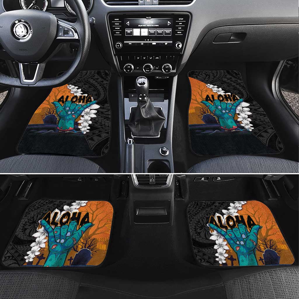 Hawaiian Halloween Car Mats Horror Shaka Hand with Plumeria and Polynesian Tattoo Autumn Color