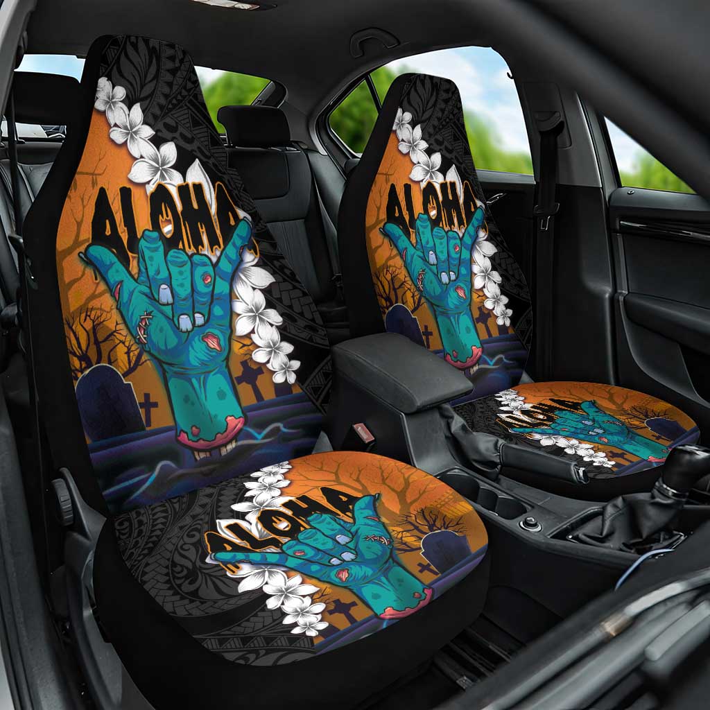 Hawaiian Halloween Car Seat Cover Horror Shaka Hand with Plumeria and Polynesian Tattoo Autumn Color