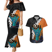 Hawaiian Halloween Couples Matching Mermaid Dress and Hawaiian Shirt Horror Shaka Hand with Plumeria and Polynesian Tattoo Autumn Color LT03 Orange - Polynesian Pride