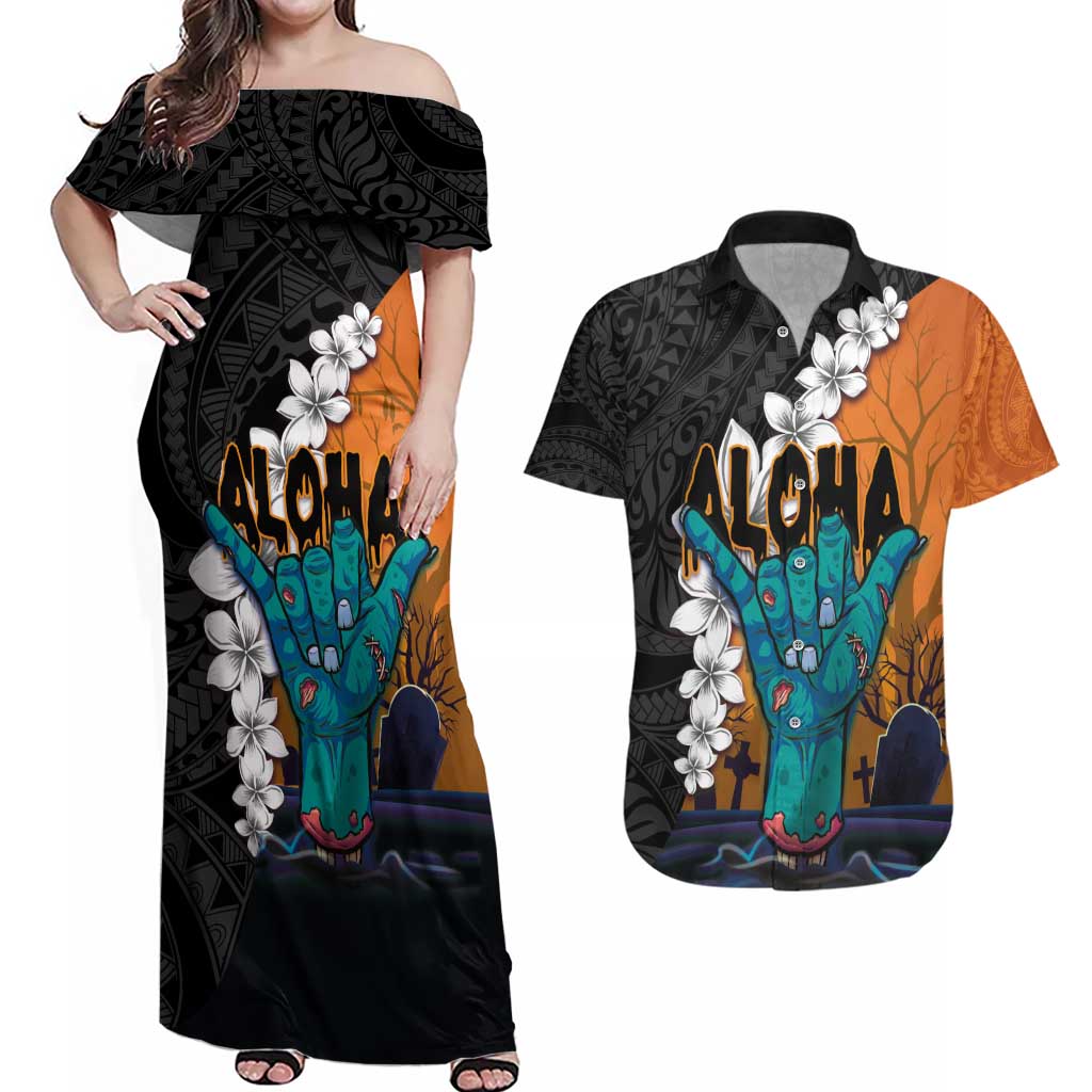 Hawaiian Halloween Couples Matching Off Shoulder Maxi Dress and Hawaiian Shirt Horror Shaka Hand with Plumeria and Polynesian Tattoo Autumn Color