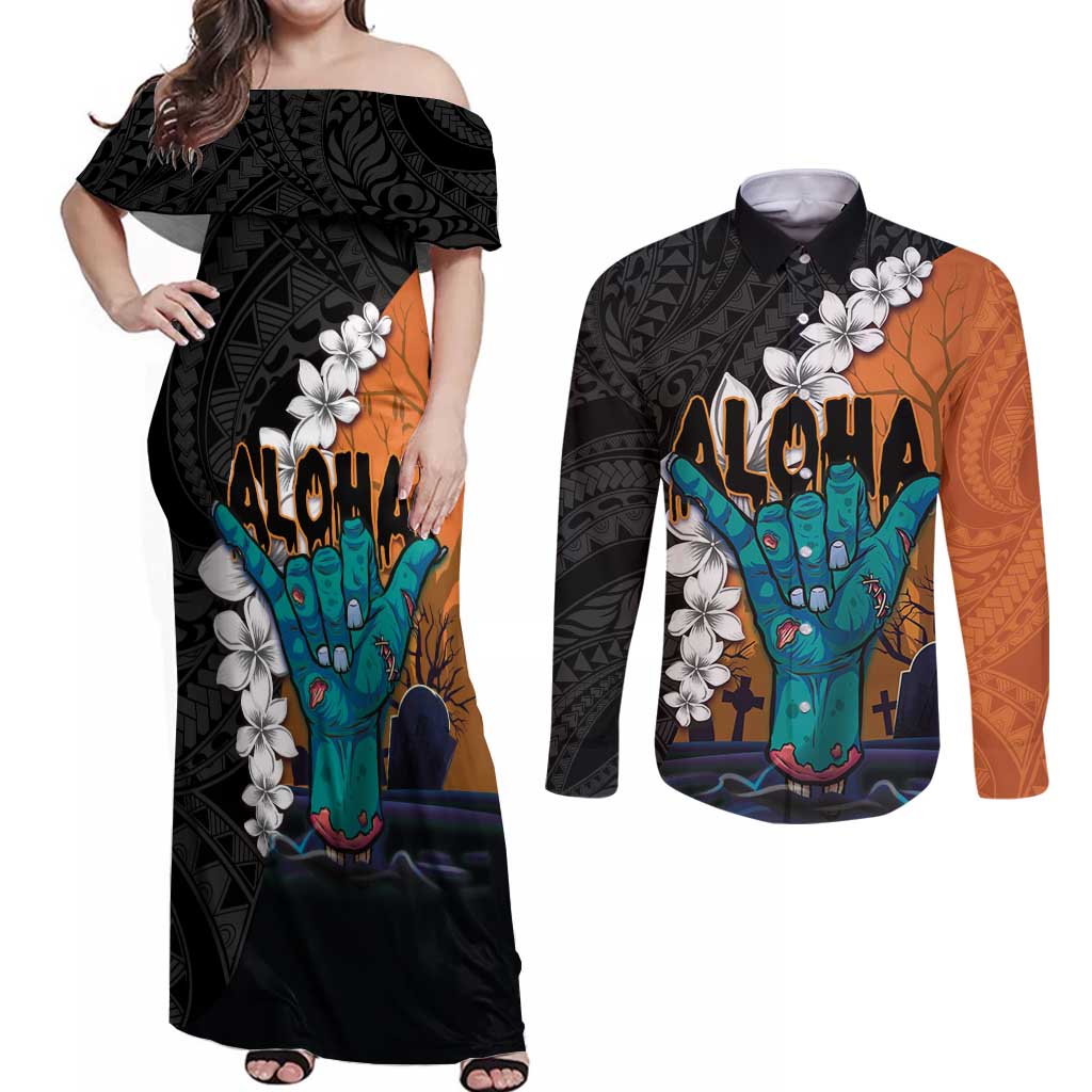 Hawaiian Halloween Couples Matching Off Shoulder Maxi Dress and Long Sleeve Button Shirt Horror Shaka Hand with Plumeria and Polynesian Tattoo Autumn Color