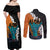 Hawaiian Halloween Couples Matching Off Shoulder Maxi Dress and Long Sleeve Button Shirt Horror Shaka Hand with Plumeria and Polynesian Tattoo Autumn Color
