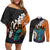 Hawaiian Halloween Couples Matching Off Shoulder Short Dress and Long Sleeve Button Shirt Horror Shaka Hand with Plumeria and Polynesian Tattoo Autumn Color