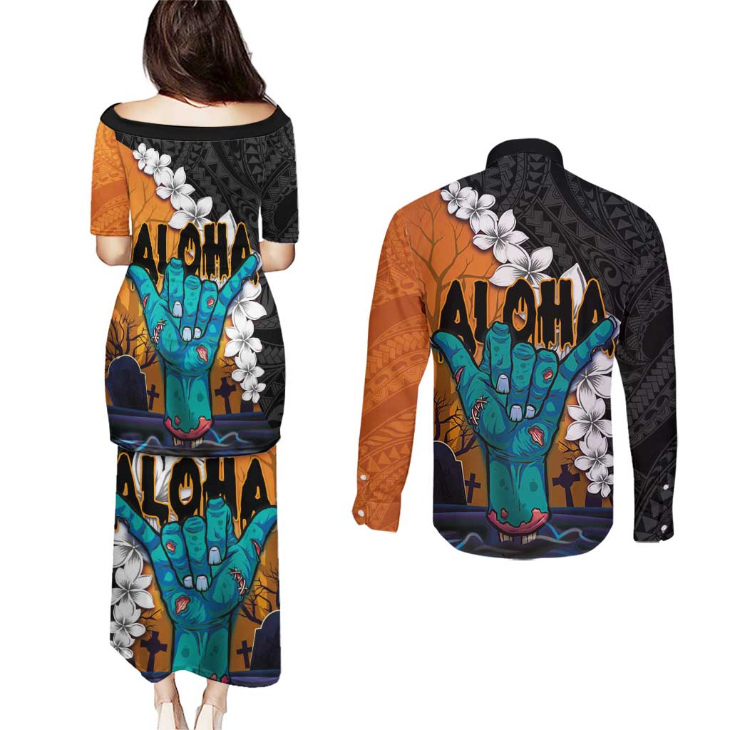 Hawaiian Halloween Couples Matching Puletasi and Long Sleeve Button Shirt Horror Shaka Hand with Plumeria and Polynesian Tattoo Autumn Color LT03 - Polynesian Pride