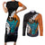 Hawaiian Halloween Couples Matching Short Sleeve Bodycon Dress and Long Sleeve Button Shirt Horror Shaka Hand with Plumeria and Polynesian Tattoo Autumn Color