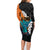 Hawaiian Halloween Family Matching Long Sleeve Bodycon Dress and Hawaiian Shirt Horror Shaka Hand with Plumeria and Polynesian Tattoo Autumn Color