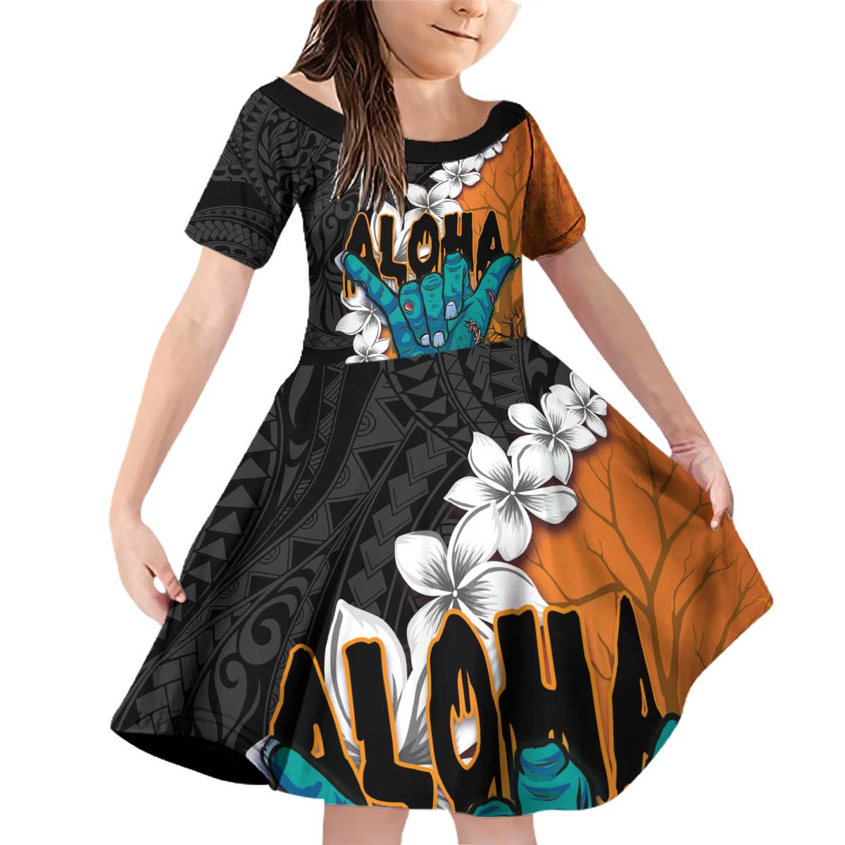 Hawaiian Halloween Family Matching Off Shoulder Short Dress and Hawaiian Shirt Horror Shaka Hand with Plumeria and Polynesian Tattoo Autumn Color