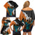 Hawaiian Halloween Family Matching Off Shoulder Short Dress and Hawaiian Shirt Horror Shaka Hand with Plumeria and Polynesian Tattoo Autumn Color