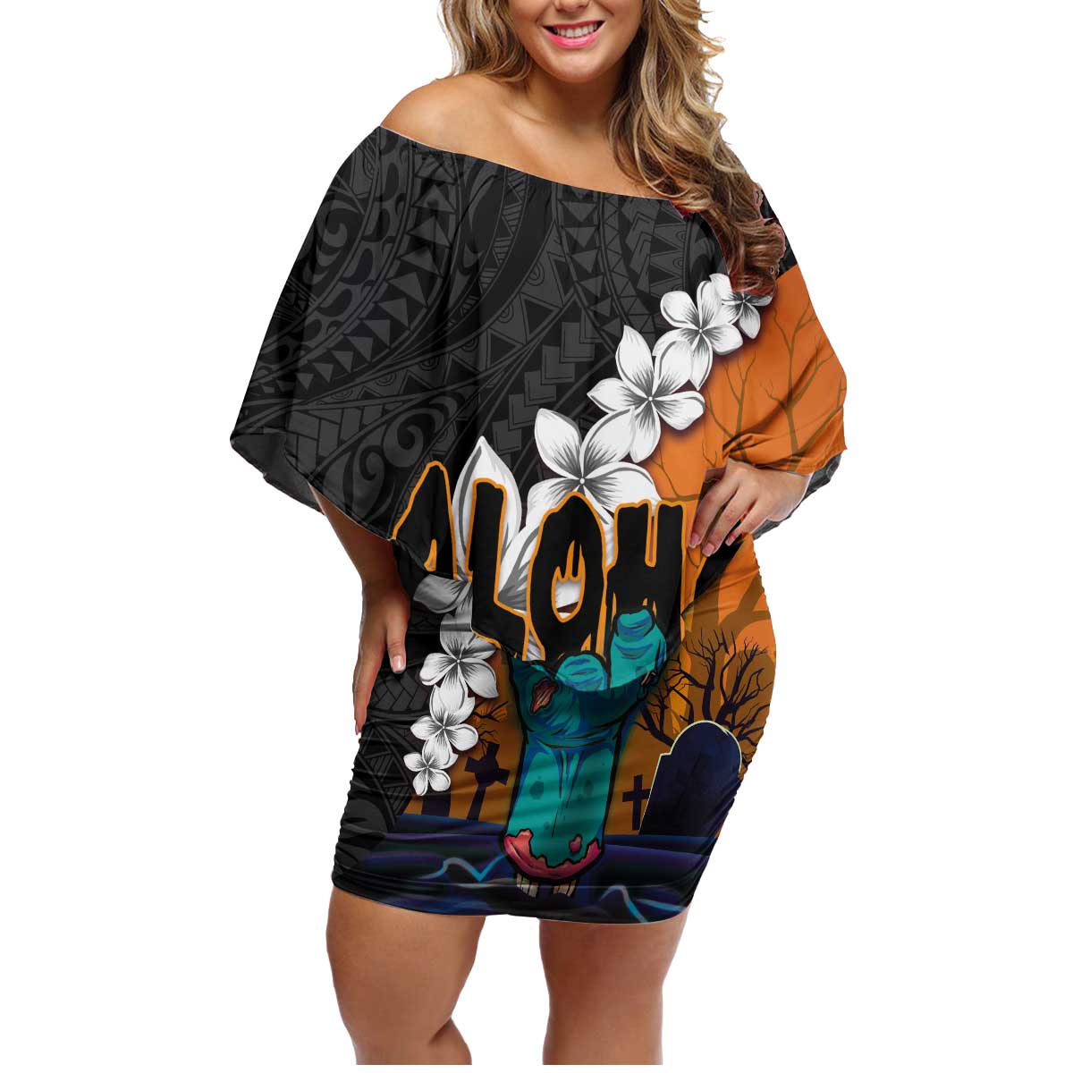 Hawaiian Halloween Family Matching Off Shoulder Short Dress and Hawaiian Shirt Horror Shaka Hand with Plumeria and Polynesian Tattoo Autumn Color