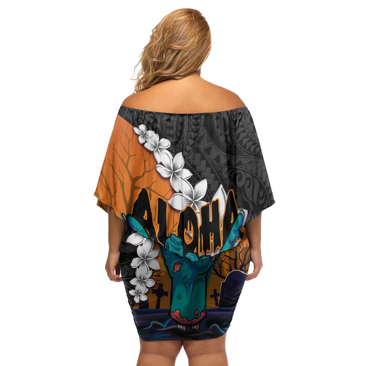 Hawaiian Halloween Family Matching Off Shoulder Short Dress and Hawaiian Shirt Horror Shaka Hand with Plumeria and Polynesian Tattoo Autumn Color