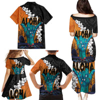 Hawaiian Halloween Family Matching Puletasi and Hawaiian Shirt Horror Shaka Hand with Plumeria and Polynesian Tattoo Autumn Color