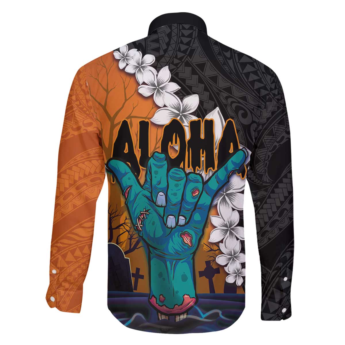 Hawaiian Halloween Family Matching Puletasi and Hawaiian Shirt Horror Shaka Hand with Plumeria and Polynesian Tattoo Autumn Color