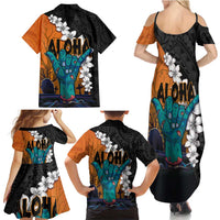 Hawaiian Halloween Family Matching Summer Maxi Dress and Hawaiian Shirt Horror Shaka Hand with Plumeria and Polynesian Tattoo Autumn Color