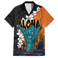 Hawaiian Halloween Family Matching Summer Maxi Dress and Hawaiian Shirt Horror Shaka Hand with Plumeria and Polynesian Tattoo Autumn Color
