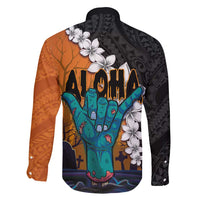 Hawaiian Halloween Family Matching Summer Maxi Dress and Hawaiian Shirt Horror Shaka Hand with Plumeria and Polynesian Tattoo Autumn Color