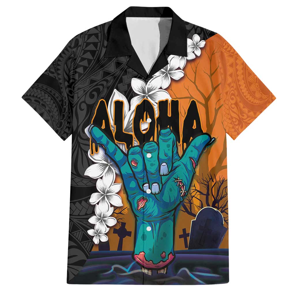 Hawaiian Halloween Hawaiian Shirt Horror Shaka Hand with Plumeria and Polynesian Tattoo Autumn Color