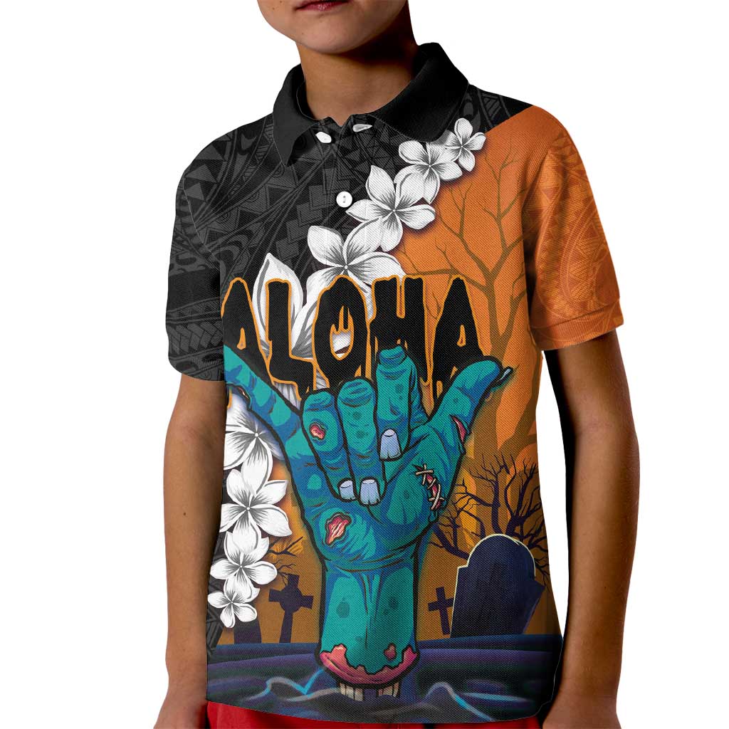 Hawaiian Halloween Kid Polo Shirt Horror Shaka Hand with Plumeria and Polynesian Tattoo Autumn Color LT03 Kid Orange - Polynesian Pride