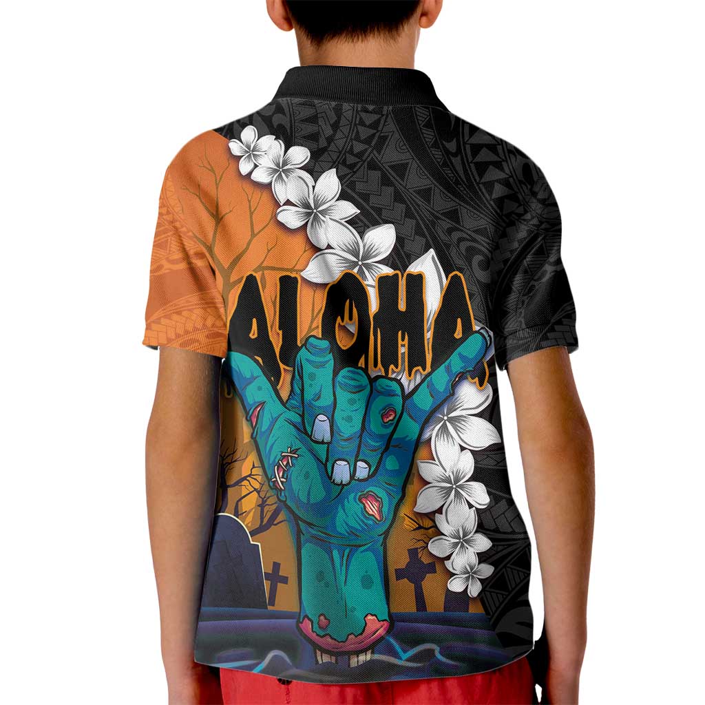 Hawaiian Halloween Kid Polo Shirt Horror Shaka Hand with Plumeria and Polynesian Tattoo Autumn Color LT03 - Polynesian Pride
