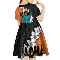 Hawaiian Halloween Kid Short Sleeve Dress Horror Shaka Hand with Plumeria and Polynesian Tattoo Autumn Color