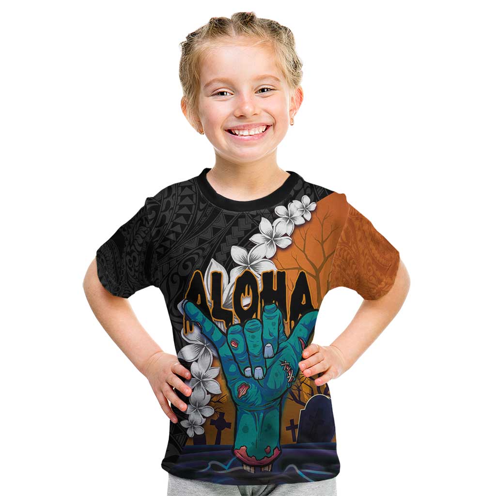 Hawaiian Halloween Kid T Shirt Horror Shaka Hand with Plumeria and Polynesian Tattoo Autumn Color