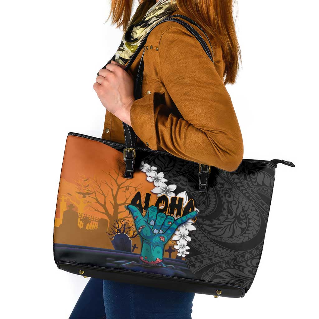 Hawaiian Halloween Leather Tote Bag Horror Shaka Hand with Plumeria and Polynesian Tattoo Autumn Color