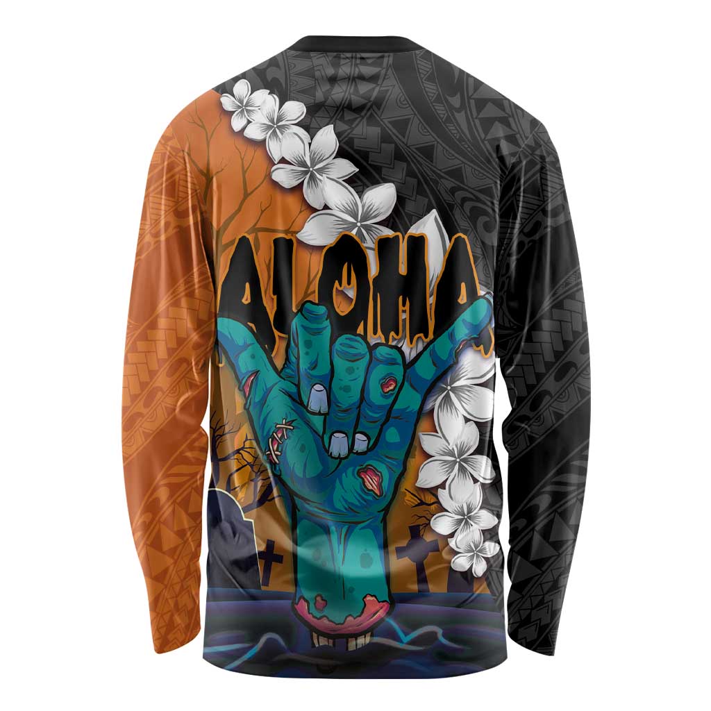 Hawaiian Halloween Long Sleeve Shirt Horror Shaka Hand with Plumeria and Polynesian Tattoo Autumn Color