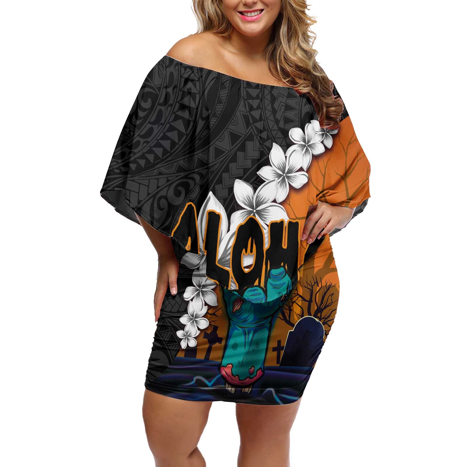 Hawaiian Halloween Off Shoulder Short Dress Horror Shaka Hand with Plumeria and Polynesian Tattoo Autumn Color