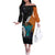 Hawaiian Halloween Off The Shoulder Long Sleeve Dress Horror Shaka Hand with Plumeria and Polynesian Tattoo Autumn Color