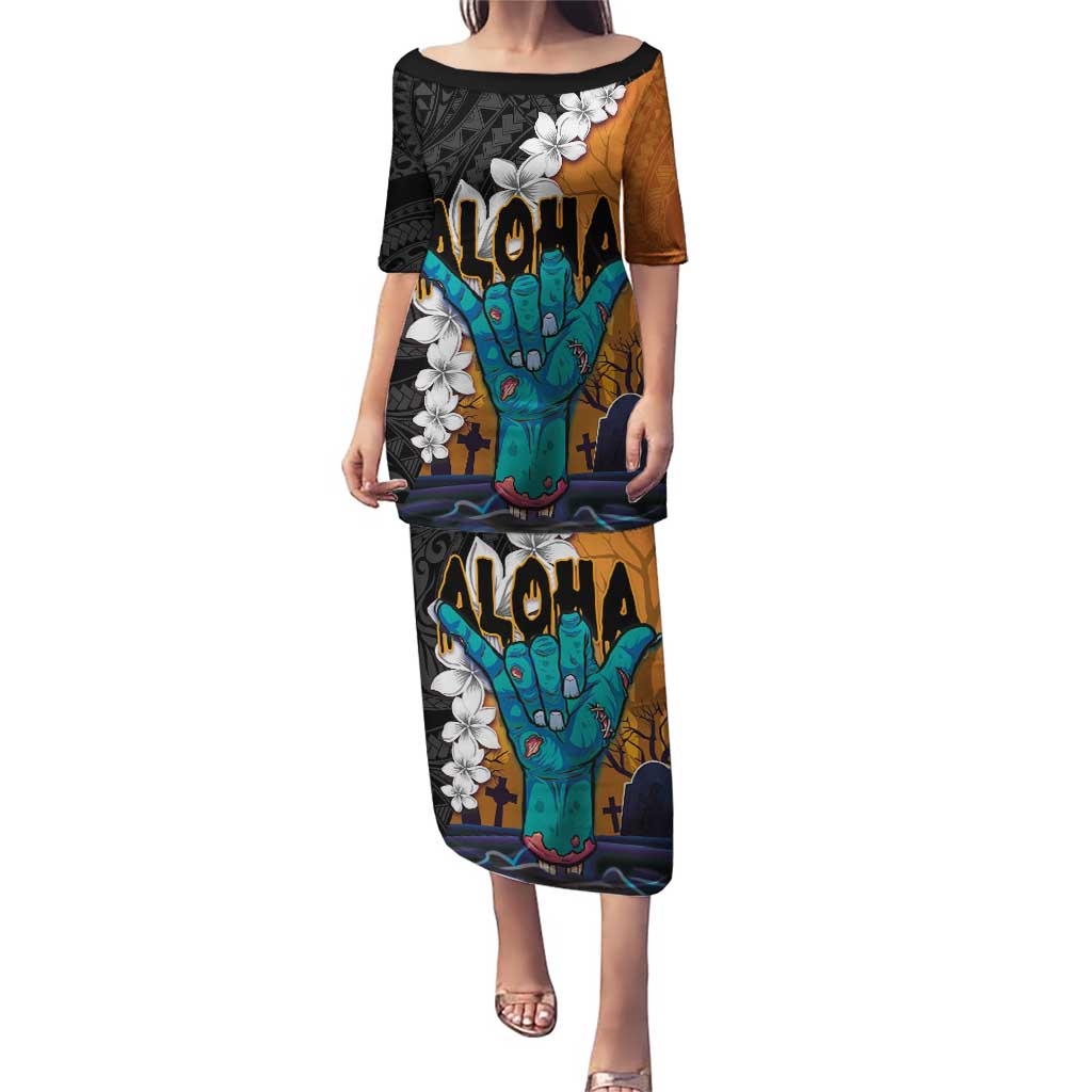 Hawaiian Halloween Puletasi Horror Shaka Hand with Plumeria and Polynesian Tattoo Autumn Color
