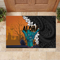 Hawaiian Halloween Rubber Doormat Horror Shaka Hand with Plumeria and Polynesian Tattoo Autumn Color