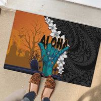 Hawaiian Halloween Rubber Doormat Horror Shaka Hand with Plumeria and Polynesian Tattoo Autumn Color