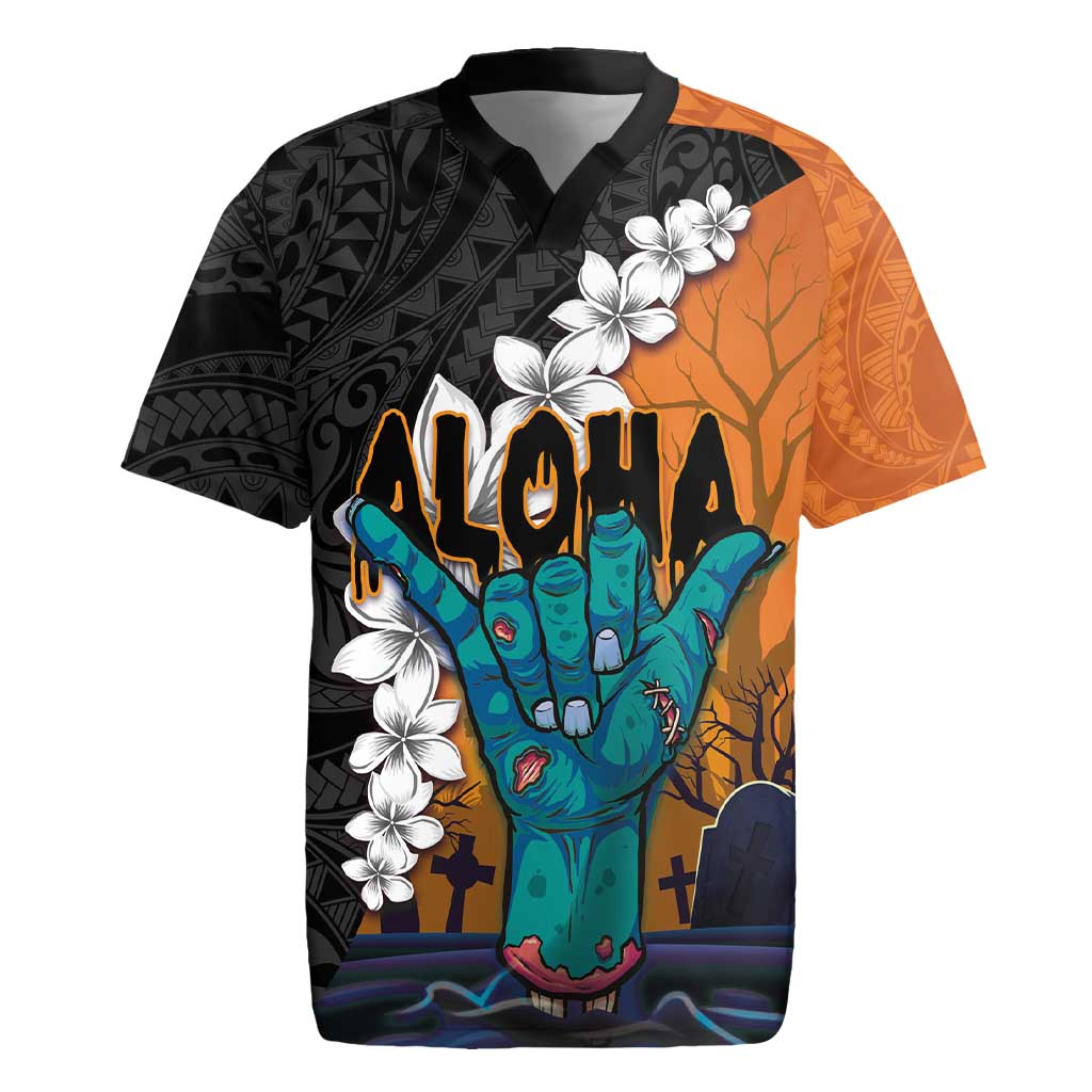 Hawaiian Halloween Rugby Jersey Horror Shaka Hand with Plumeria and Polynesian Tattoo Autumn Color