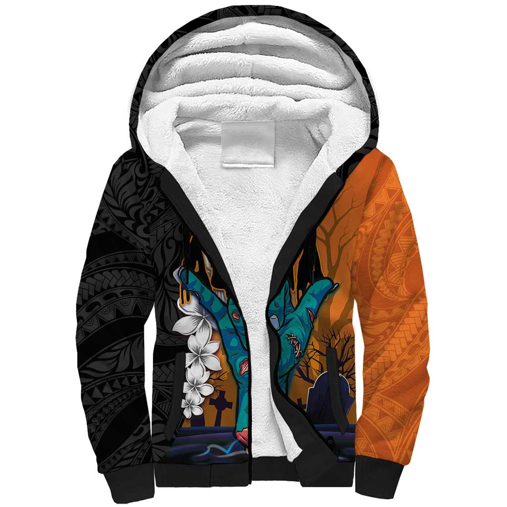 Hawaiian Halloween Sherpa Hoodie Horror Shaka Hand with Plumeria and Polynesian Tattoo Autumn Color LT03 Unisex Orange - Polynesian Pride