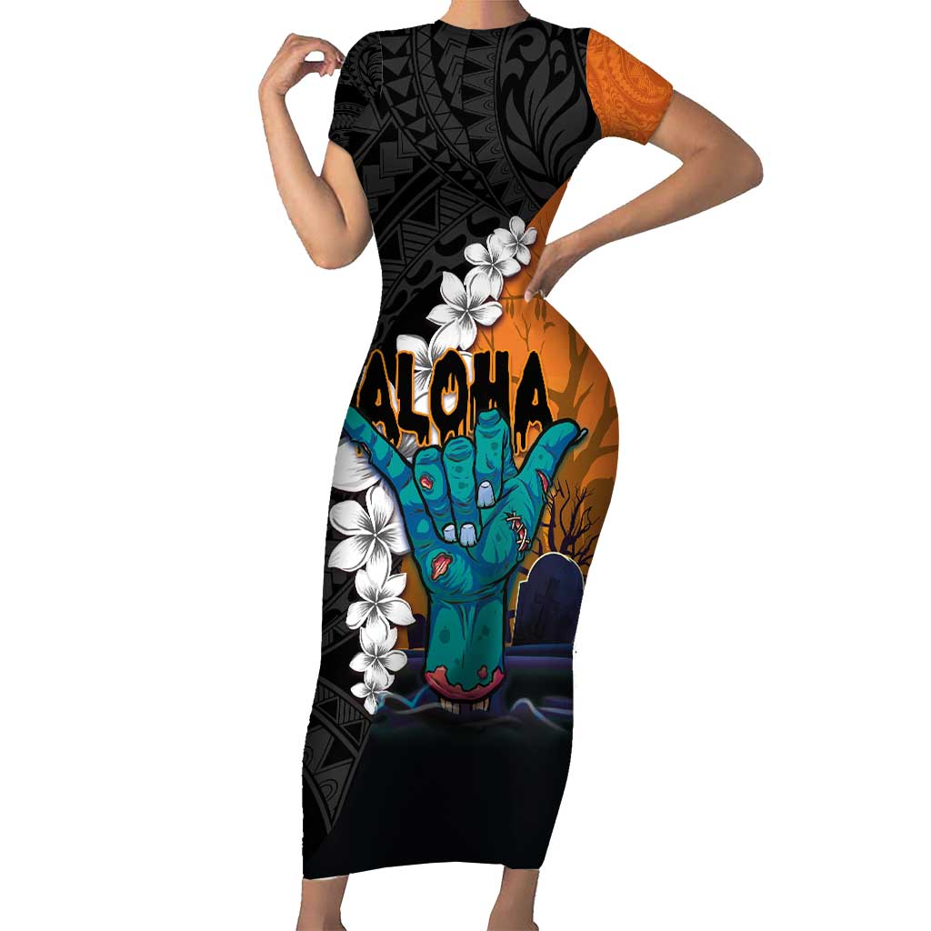 Hawaiian Halloween Short Sleeve Bodycon Dress Horror Shaka Hand with Plumeria and Polynesian Tattoo Autumn Color LT03 Long Dress Orange - Polynesian Pride