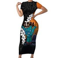 Hawaiian Halloween Short Sleeve Bodycon Dress Horror Shaka Hand with Plumeria and Polynesian Tattoo Autumn Color LT03 Long Dress Orange - Polynesian Pride