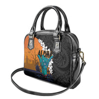 Hawaiian Halloween Shoulder Handbag Horror Shaka Hand with Plumeria and Polynesian Tattoo Autumn Color