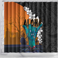 Hawaiian Halloween Shower Curtain Horror Shaka Hand with Plumeria and Polynesian Tattoo Autumn Color