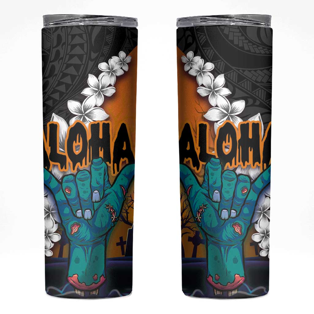 Hawaiian Halloween Skinny Tumbler Horror Shaka Hand with Plumeria and Polynesian Tattoo Autumn Color