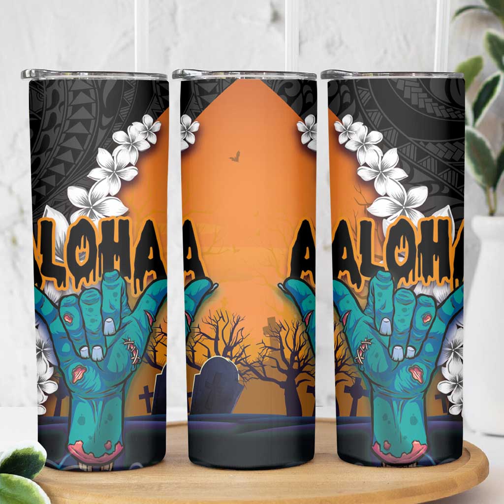 Hawaiian Halloween Skinny Tumbler Horror Shaka Hand with Plumeria and Polynesian Tattoo Autumn Color